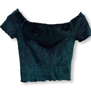 Urban Outfitters Emerald Green Shirred Off The Shoulder Fitted Crop Top